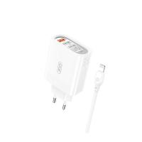 Polnilec za telefon XO L100 18W QC 4xUSB bel + kabel 8-pin Lightning